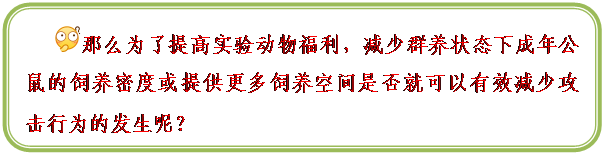 圆角矩形:  那么为了提高实验动物福利,减少群养状态下成年公鼠的饲养密度或提供更多饲养空间是否就可以有效减少攻击行为的发生呢?